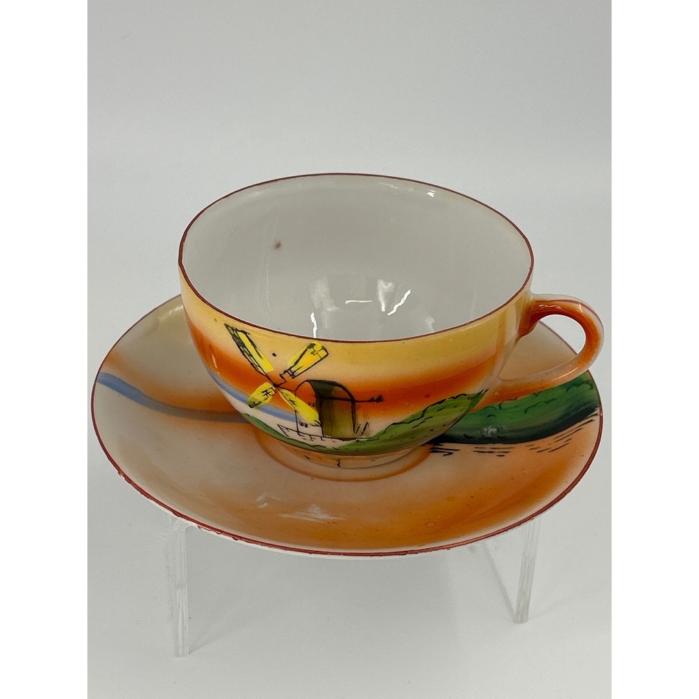 Vintage Made in Japan Lusterware Tea Cup and Saucer Set Hand Painted Windmill